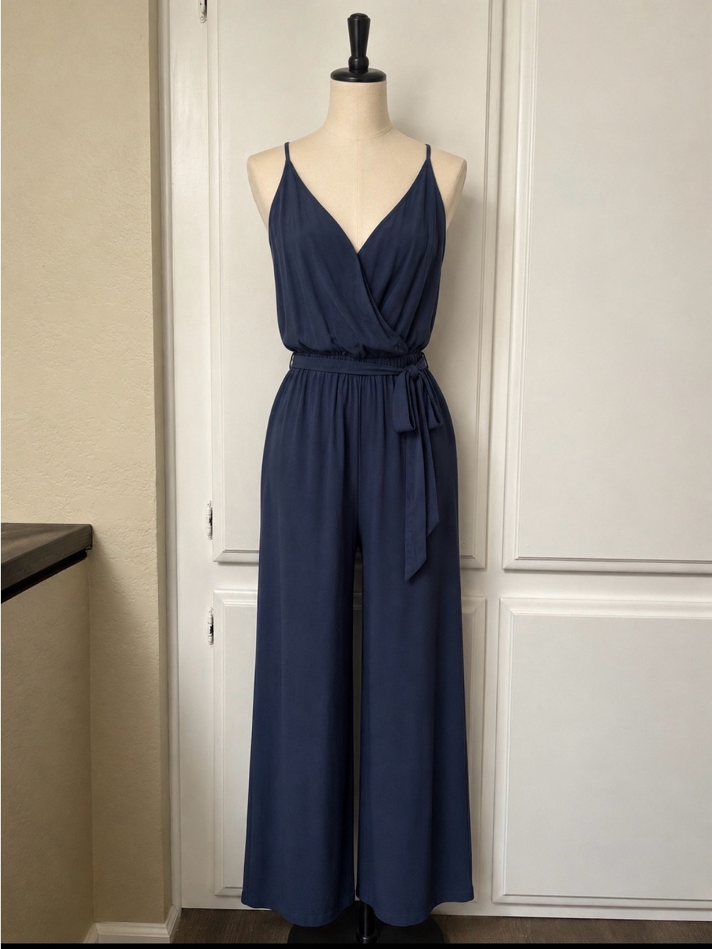 Venus Navy Blue V-Neck Spaghetti-Strap crop romper with Waist Tie